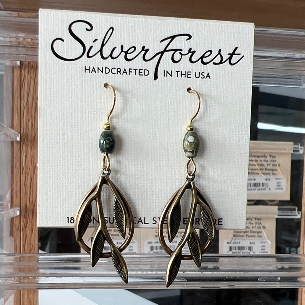 Silver Forest Gold and Green Leaf Earrings